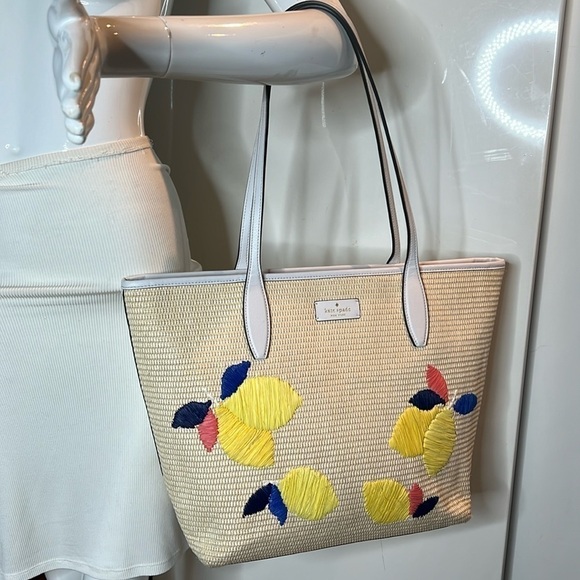 KATE SPADE New York White Leather Ash Straw Lemon Zest Large Tote Bag - Unworn - Picture 6 of 10